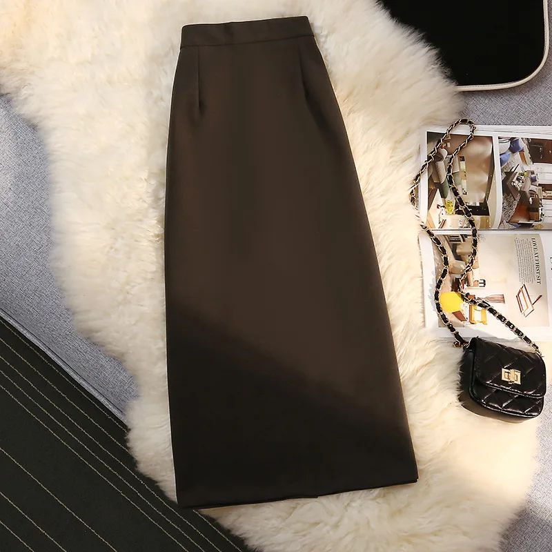 التجارة الخارجية الأكثر مبيعا تنورة متوسطة الطول من الصوف السميك للنساء: 2025 الخريف والشتاء عالية الخصر سليم صالح ألف خط تنورة قلم رصاص، B