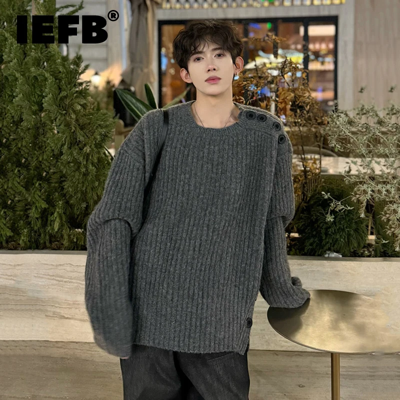 IEFB Simple Men\'s Sweaters Solid Color Button Design Loose Knitting Csual Pullover Male Tops New Trendy Autumn Menswear 9C8014