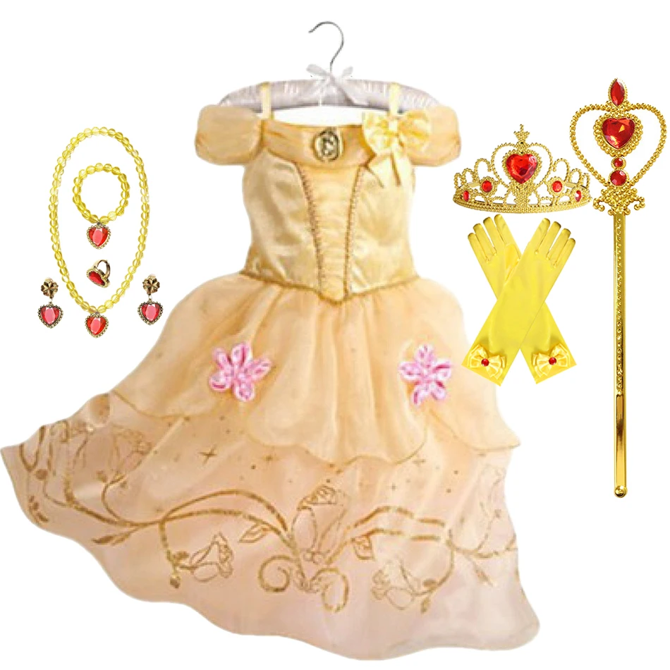 Disney Princess Costume Party Fancy Flower Vestido New 2024 Christmas Birthday Carnival Dress Up Rapunzel Belle Disguise Frock