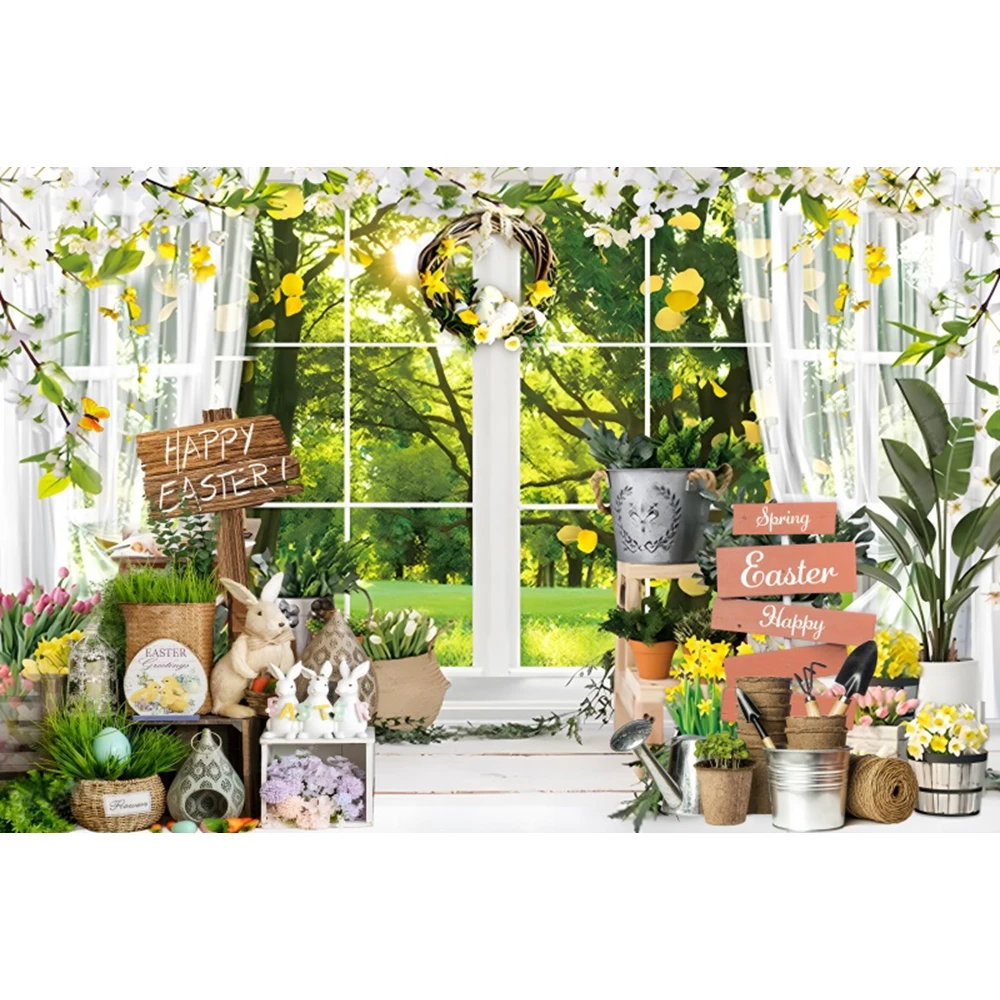 Spring Easter Rabbit Photography Background Easter Window Color Eggs Baby Shower Newborn Portrait Backdrop Photo Studio Props