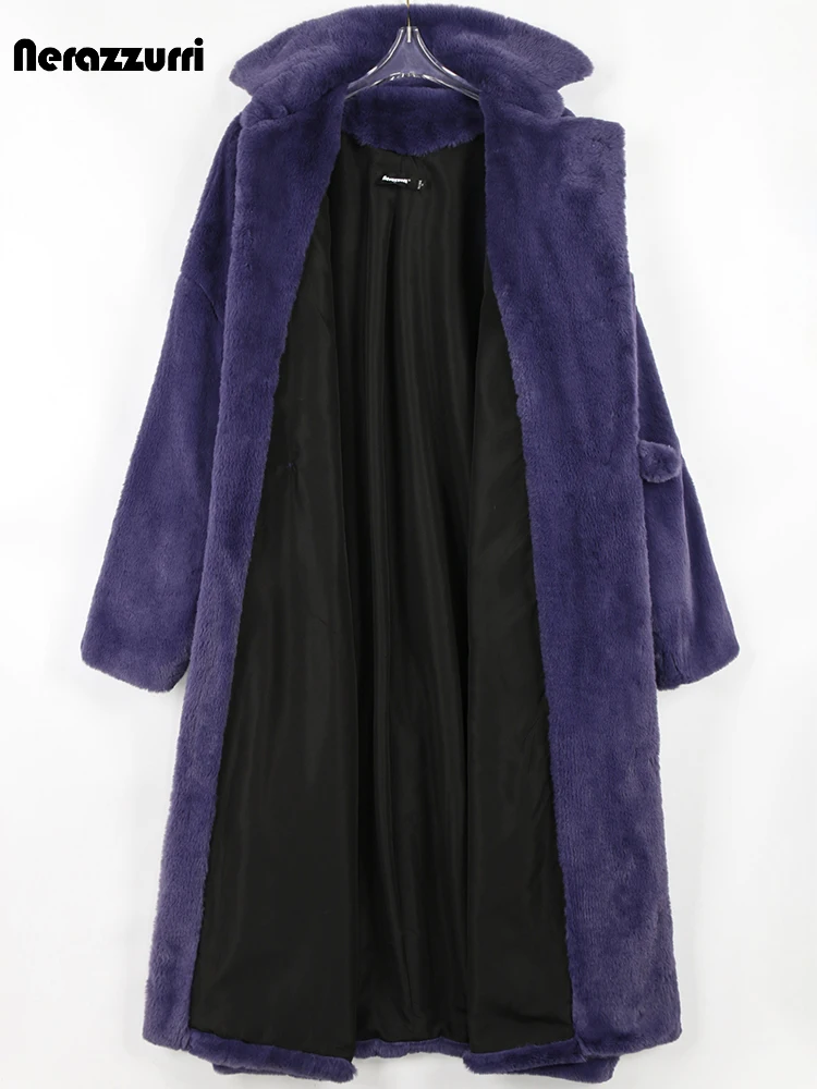 Nerazzurri Winter Long Oversized Thick Warm Purple Fluffy Faux Fur Coat Women Chic Luxury Designer Runway Chinese Fashion 2022