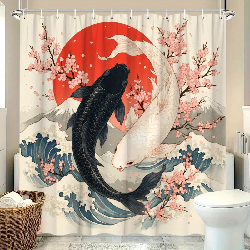 1pc Japanese Ukiyoe Koi Shower Curtain, Cherry Blossom, Red Sun, Snow Mountain Pattern, Easy to Hang, Fashionable Bathroom Decor