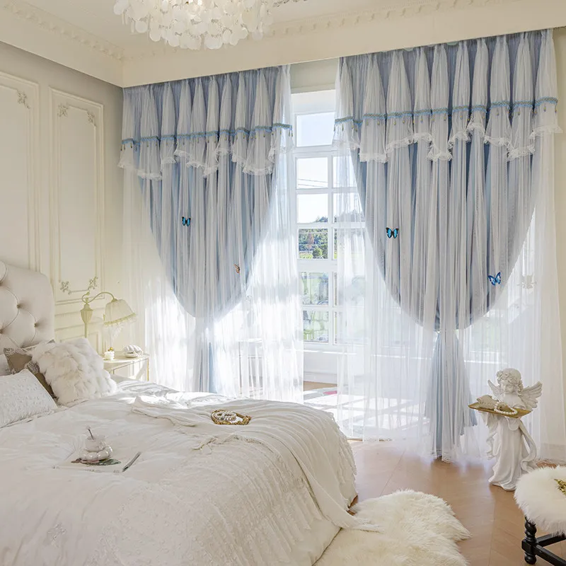 French Style double layer curtain Romantic Princess Bedroom Drapes Lace Trim & Ruffled Valance, Light Filtering for Living Room