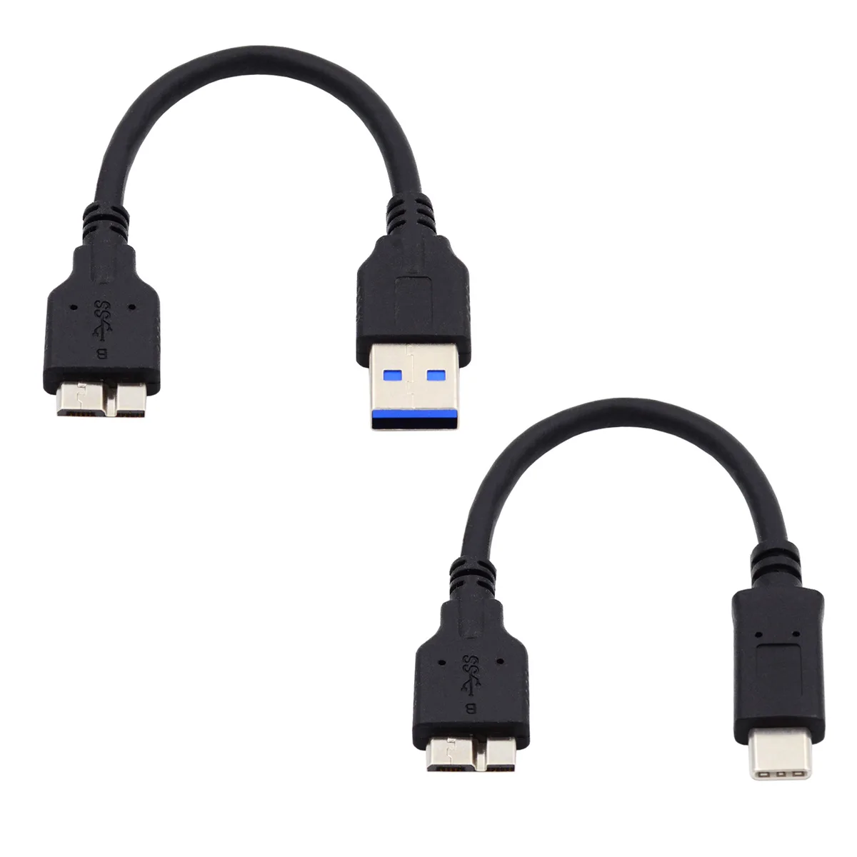 2pcs/set USB 3.1 Type-C USB-C to Micro USB 3.0 Type-A Male to USB 3.0 Micro Type-B Male Data Cable for Disk SSD 15cm, Black