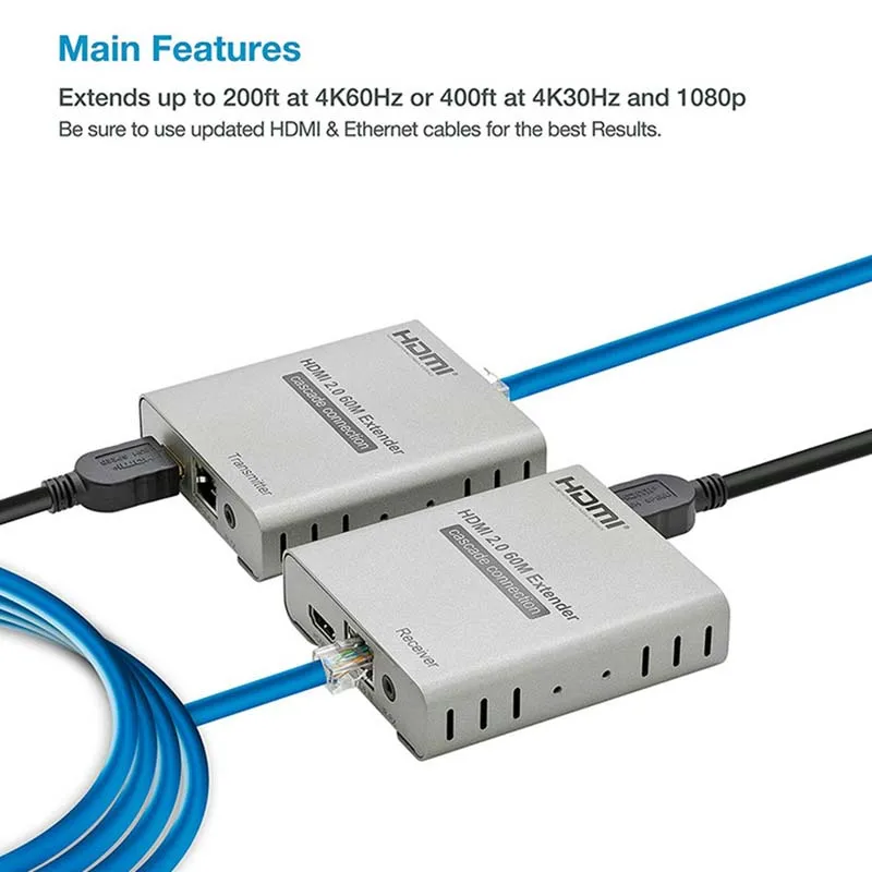 HDMI 2.0 4K 60HZ 60M HDMI Extender 1080P 120M Over RJ45 Ethernet Lan CAT5e Cat6 Kabel Cascade Connection Extension PC DVD TO TV