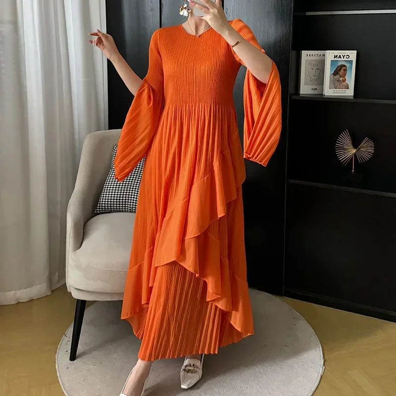 

Miyake Pleated Dress Women 2024 Spring New Elegant Temperament Ageing High-end Pleated Ruffle Sleeve Mid-length Skirt Clothing