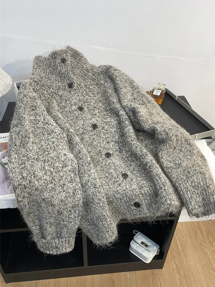 

Vintage Variegated Floral Knit Cardigan Semi High Neck Sweater Jacket for Women Autumn Winter Loose Single Breasted Jumpers