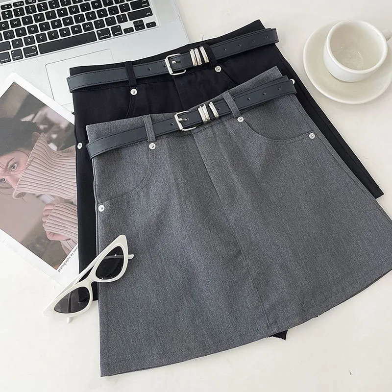 Lucyever Gray Summer Mini Skirt for Women College Style High Wiast A-Line Skirts Female Casual Simple Anti-Glare Hip Skirt Lady