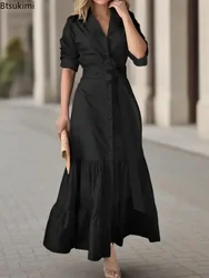 Elegant Women's Dress 2026 Summer Fashion Temperament Solid Long-sleeved Shirt Dress Boho Style Waist Lace-up Maxi Dresses Femme