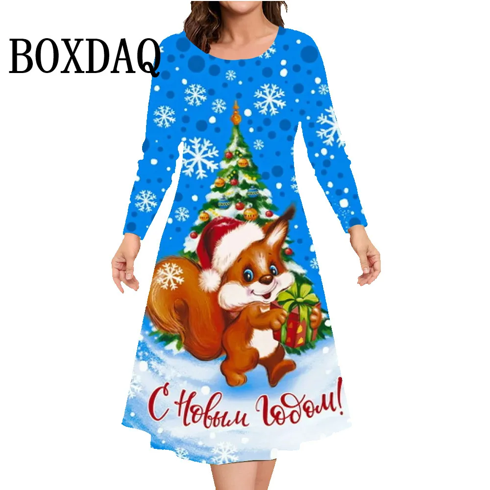 Autumn Winter Christmas Snowflake Dress Women Party Clothing Cute Sweet Squirrel Print Long Sleeve Dress Loose Plus Size Fashion