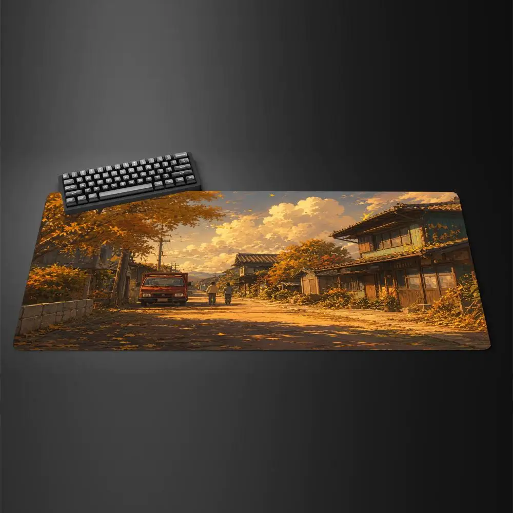 Aesthetic Rainy Night Street Large Desk Mat Japan Country Town Moon Glowing Light Reflection Mousepad for Laptop PC Game Decor