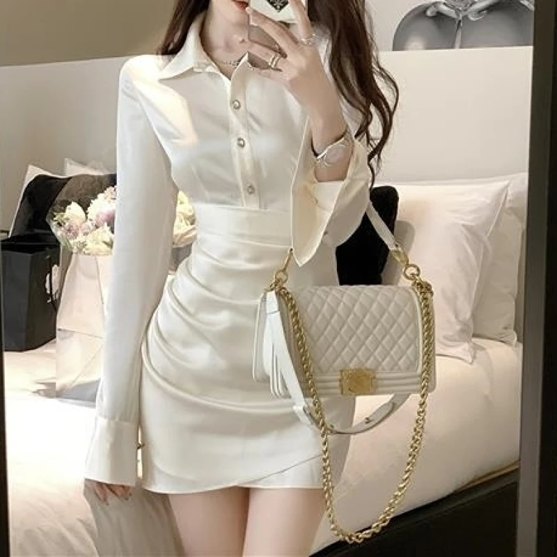 Spring Elegant Satin Dress Women France Button Designer Party Mini Dress Female Korean High Waist Solid Casual Slim Dress 2023