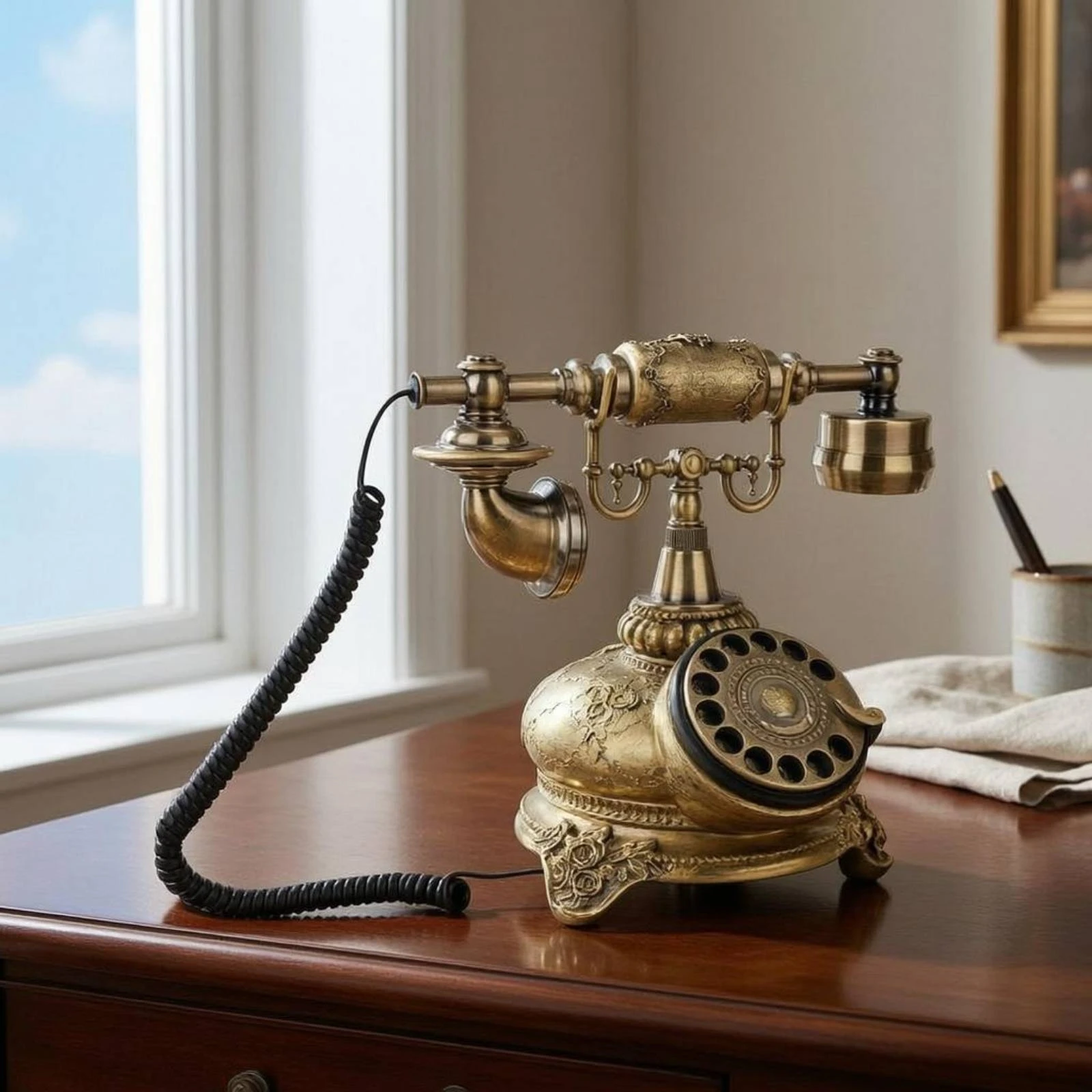 Classic Rotary Telephone Decorative Embossed Corded Rotary Phone Vintage Telephone Black Coiled Cord