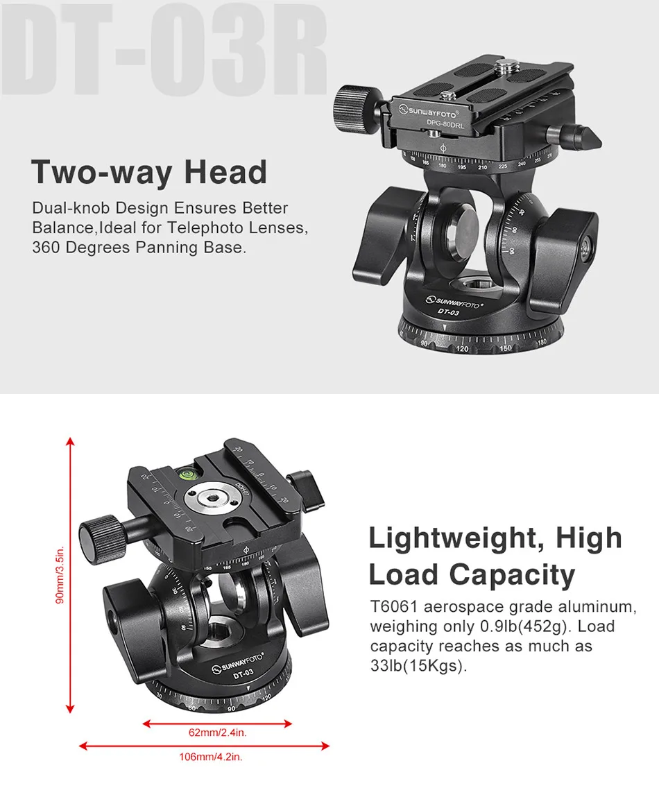 Imagem -06 - Sunwayfoto Dt03r Cabeça de Inclinação em Dois Sentidos para Monopé e Tripé com Rotação Panorâmica 15lbs Capacidade de Carga
