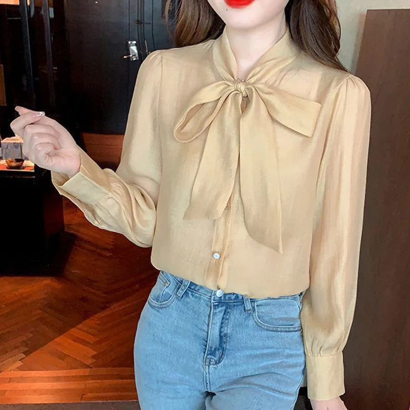 Women\'s Clothing Korean Fashion Bow Lace Up Elegant Shirt Office Lady Commute Chiffon Blouse Casual Solid Long Sleeve Loose Tops