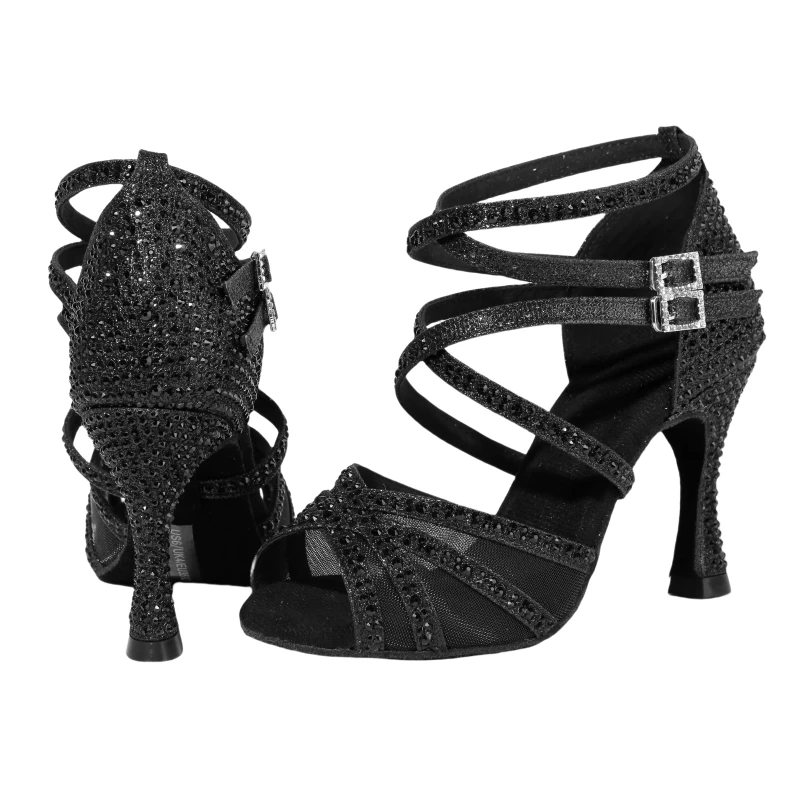New Women Latin Dance Shoes Rhinestones Soft Sole Salsa Shoes Ballroom Dance High Heels Sandals Women's Wedding Shoes 7.5cm heel