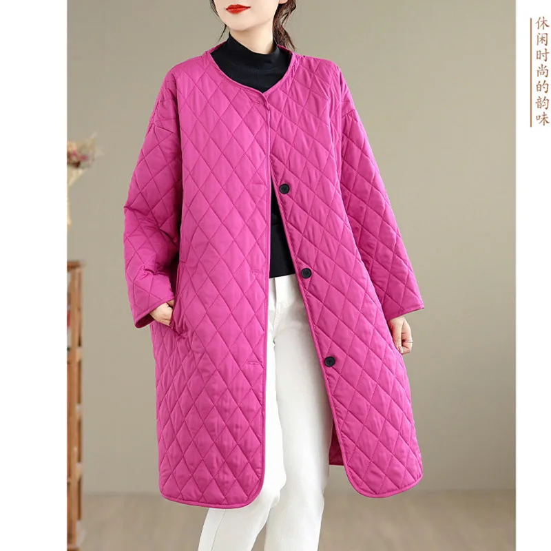 Winter Clothes Light Rhombus Long Cotton-padded Coat Women Fashion Casual Cotton Warm Round Neck Cardigan Cotton-padded Clothes