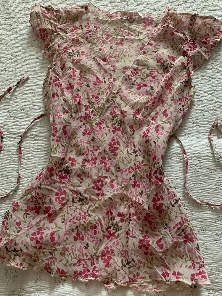 오리지널 레트로 플로럴 프린트 쉬폰 셔츠 슬림핏 한국 스타일 버튼업 반팔 폴로 칼라 면 혼방 여름 상의