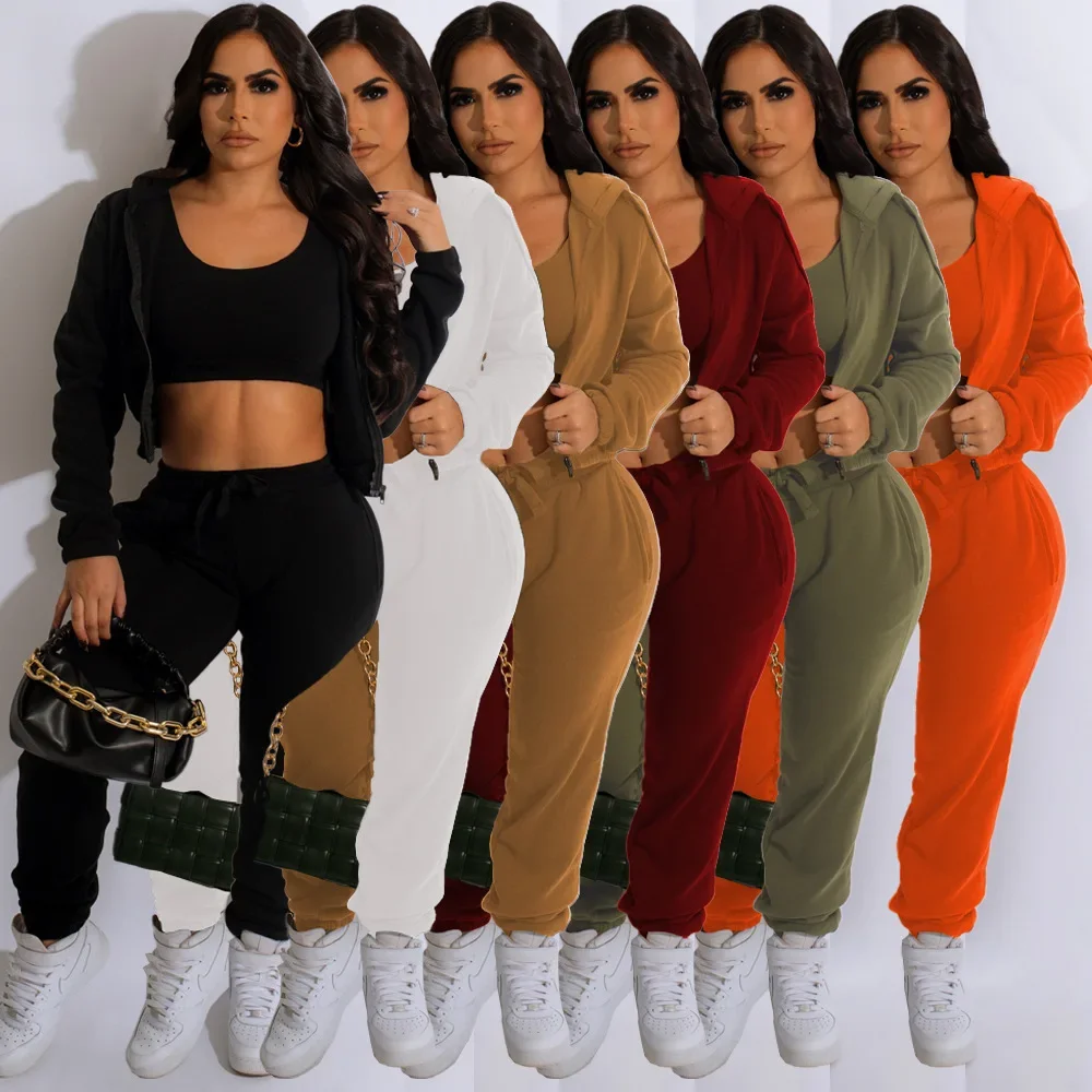 

HAOOHU fall new street women's fashion casual undershirt pants padded sweater hooded pockets sports and leisure suit 3 piece set
