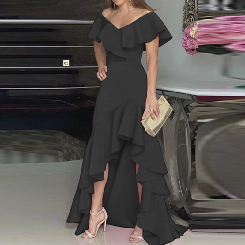 2023 Sexy V Neck Ruffles Party Dress Femme Elegant Summer Fashion Solid Sleeveless Slim Irregular Maxi Dresses For Women Robe