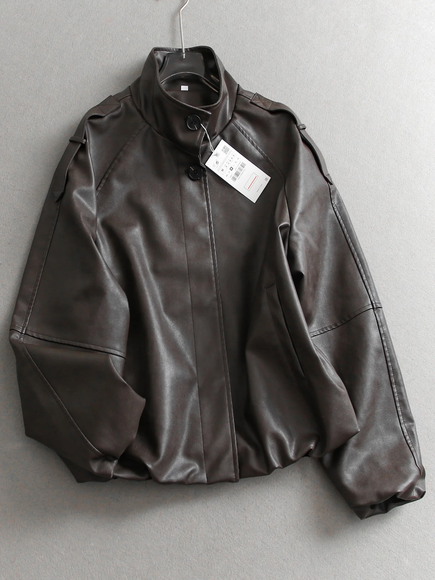Loose Fit Long Sleeve PU Leather Biker Jacket Pure Color Stand Collar Spring 2026 Women's Leather Coat Cool Retro Style