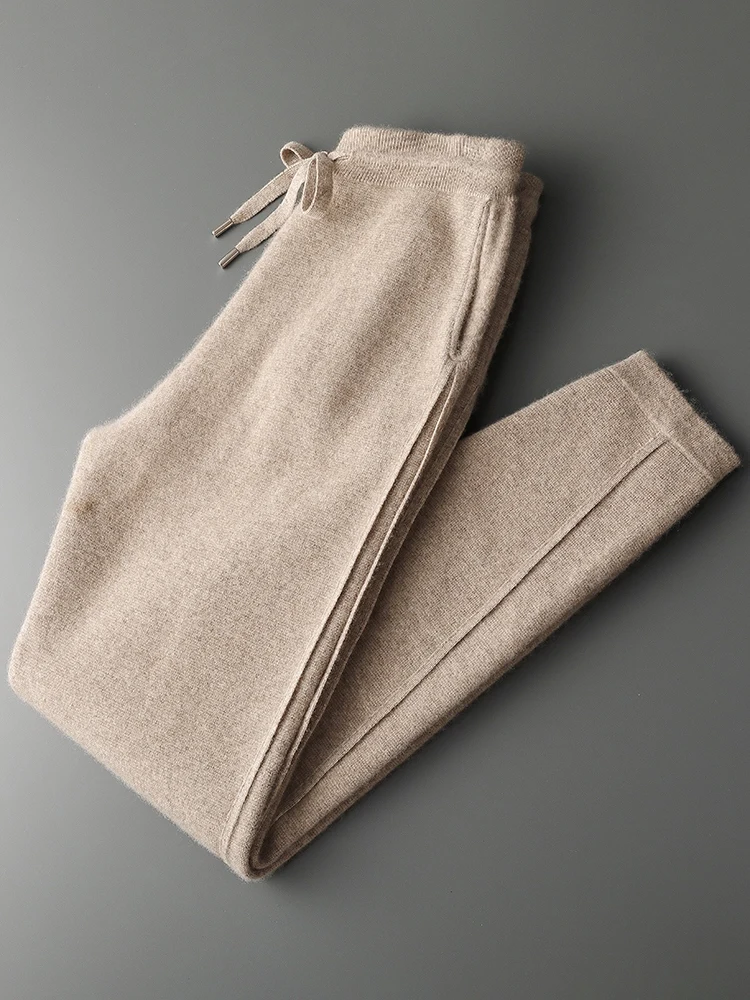 100% Cashmere Pants Men's Thicken Casual Seam Pencil Pants Autumn Winter Drawstring Elastic Waist Trousers Fashion Solid Knitted