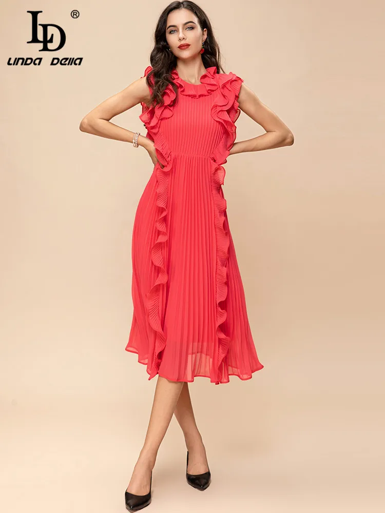 

LD LINDA DELLA 2023 Fashion Runway Summer Party Dress Women O-neck Elegant Ruffles Solid Pleated Vacation Midi Dress