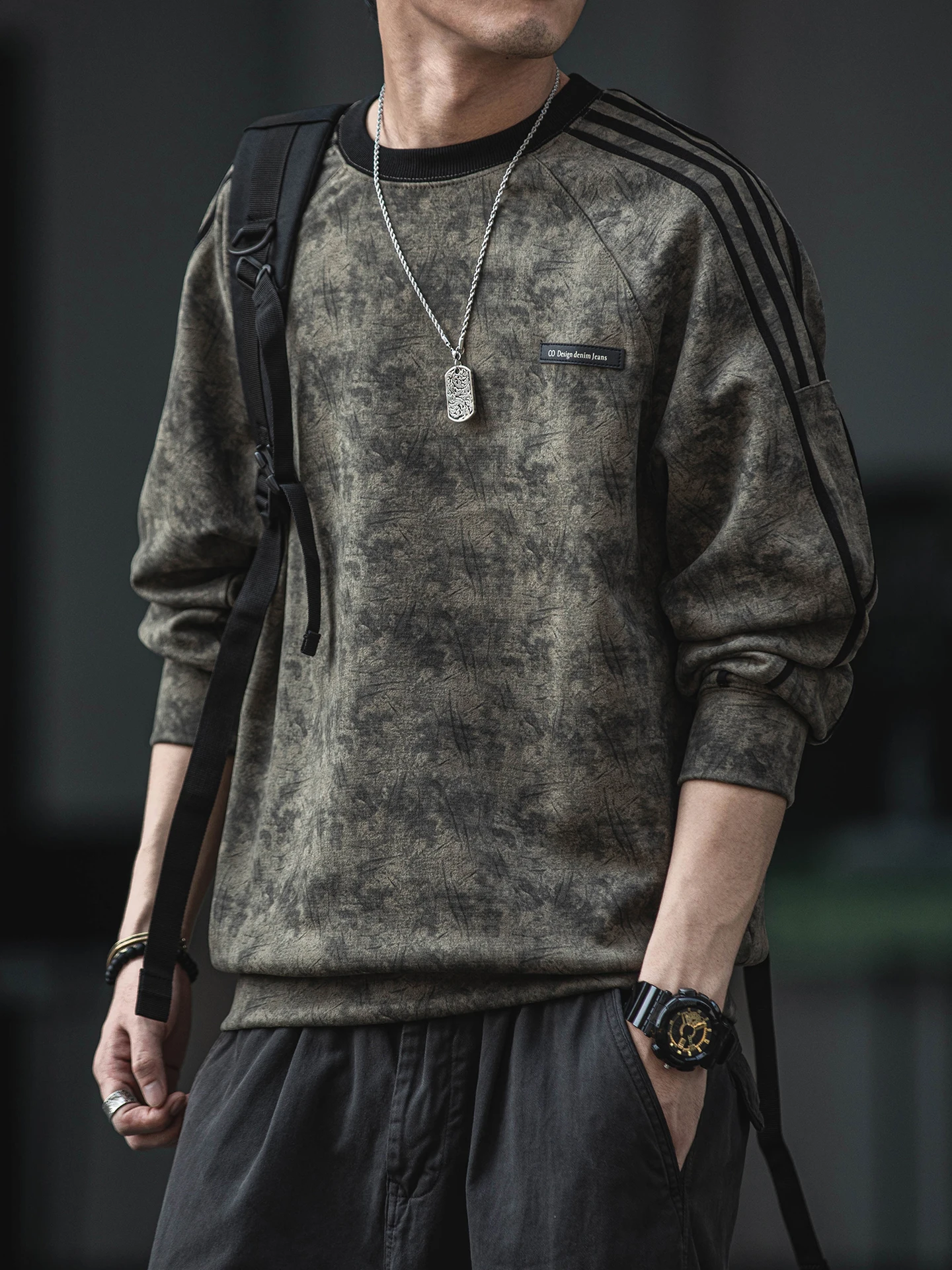 Mens American Suede Striped Sweatshirt Autumn Round Neck Pullover Plus Size Casual Sport Korean Streetwear Trendy Tops Male