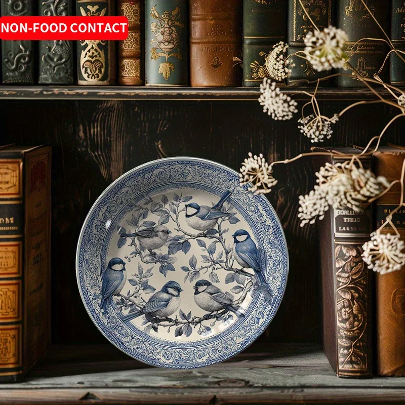 [Ceramic Decorative Plate] 1pcExquisite Ceramic Decorative Plate Hand-Painted Tree Branch with Birds Design Wall Art for Living