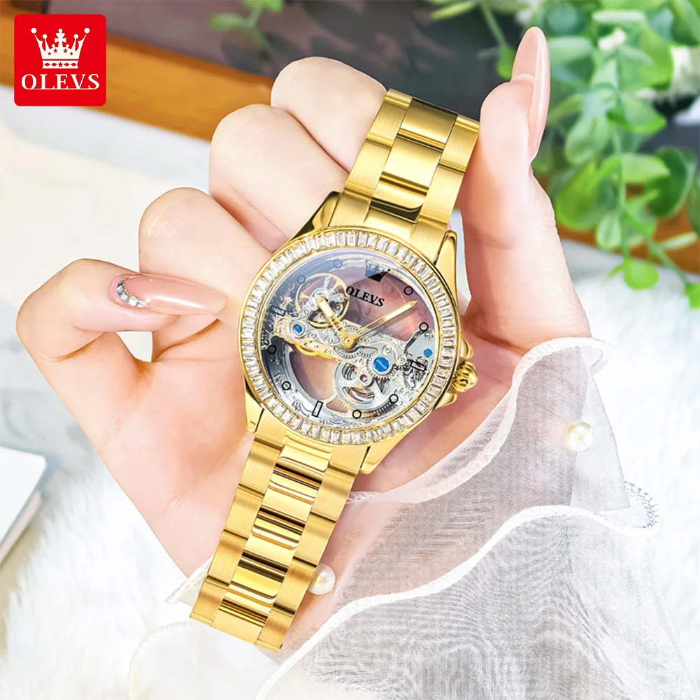 OLEVS 6699 Luxury Women Fully Automatic Mechanical Watch Original Waterproof Diamond Hollow Watch Gold Bracelet Set Women Watch
