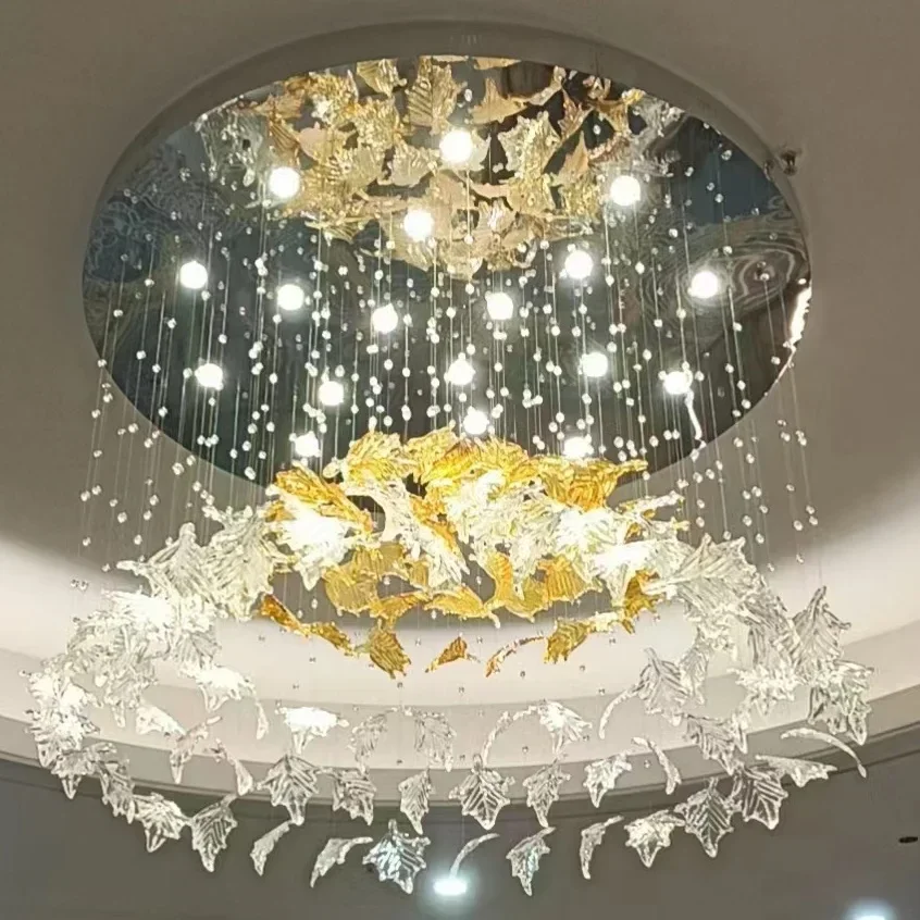 Customized Luxury Modern Crystal Glass LED  Light Oval Shape Maple Leaf  for Hotel Lobby Villa Staircase