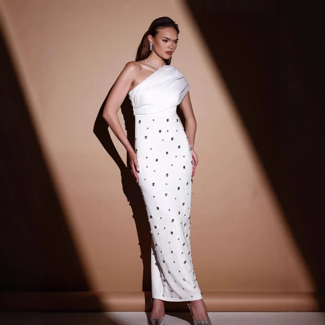 

Knitted Dress Heavy Embroidery Asymmetrical Shoulder Diamond Embellished Wrap Evening Gown for Women's Party