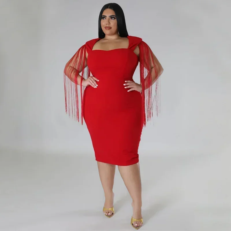 

GUWU Elegant Slim Plus Size Party Dress Summer Soild 2024 Women Sexy Tassel Sleeveless Bag Hip Bandage Bodycon Nightclub Dress