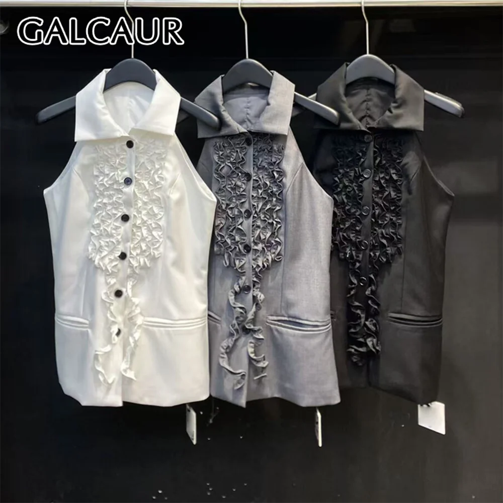 

Женский топ GALCAUR с эффектом похудения, на одной пуговице, с вырезом халтер, без рукавов, с пэчворком и складками, модный стиль