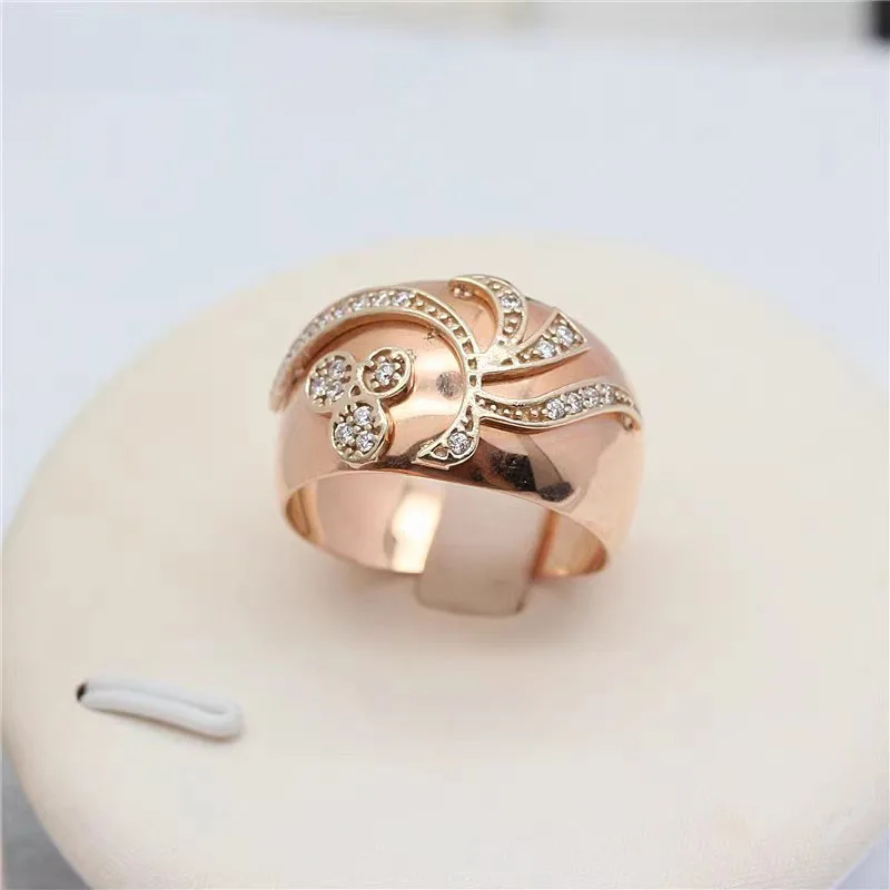 Classic Glossy 585 Purple Gold Irregular Pattern Crystal Wide rings for women Plated 14K Rose Gold Ring Banquet fine Jewelry