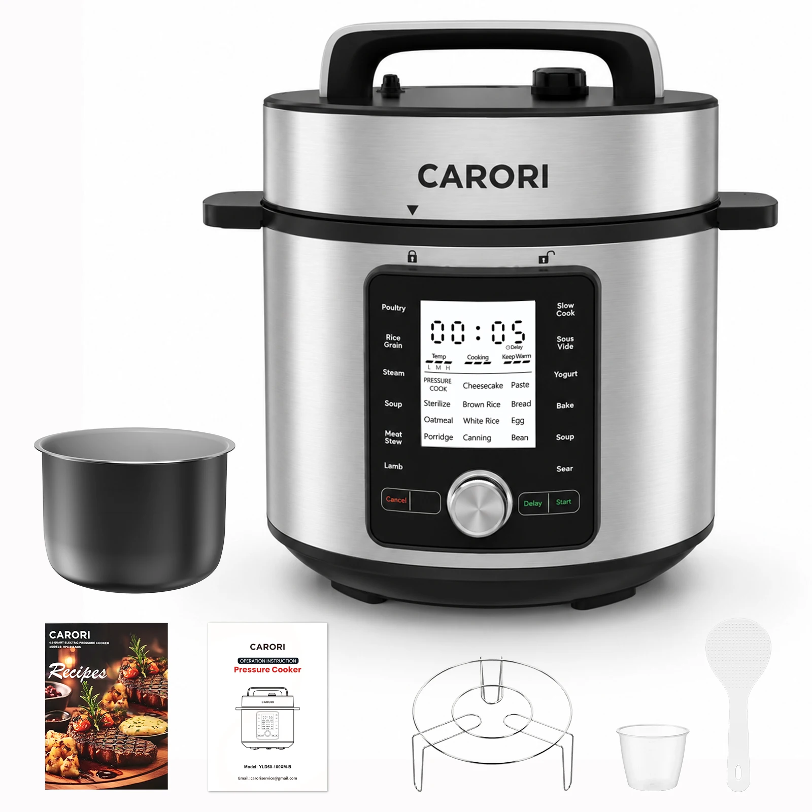 CARORI Electric Pressure Cooker , 24 Programs, 6QT,Touch and Dial Control 13-in-1 Multi-Cooker, Ceramic-Coated Pot, Rice Cooker, Slow Cook, Sous Vide, Saute, Sterilize, Silver