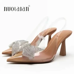 Women Summer Bow Rhinestone Slingback Pumps Fashion Lady Transparent High Heels Sandals Elegant Pointed Toe Heels 2023