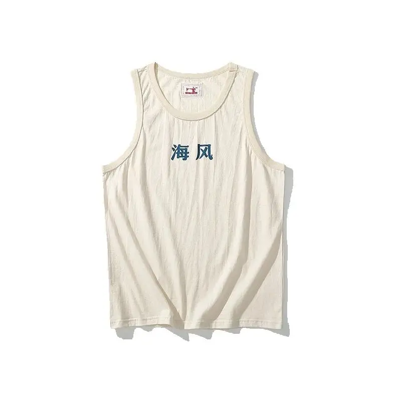 Vintage Print Tank Top Men Summer New Sea Breeze Combed Cotton Embryo Color Vest Japanese Retro Casual Streetwear Vest Pullovers