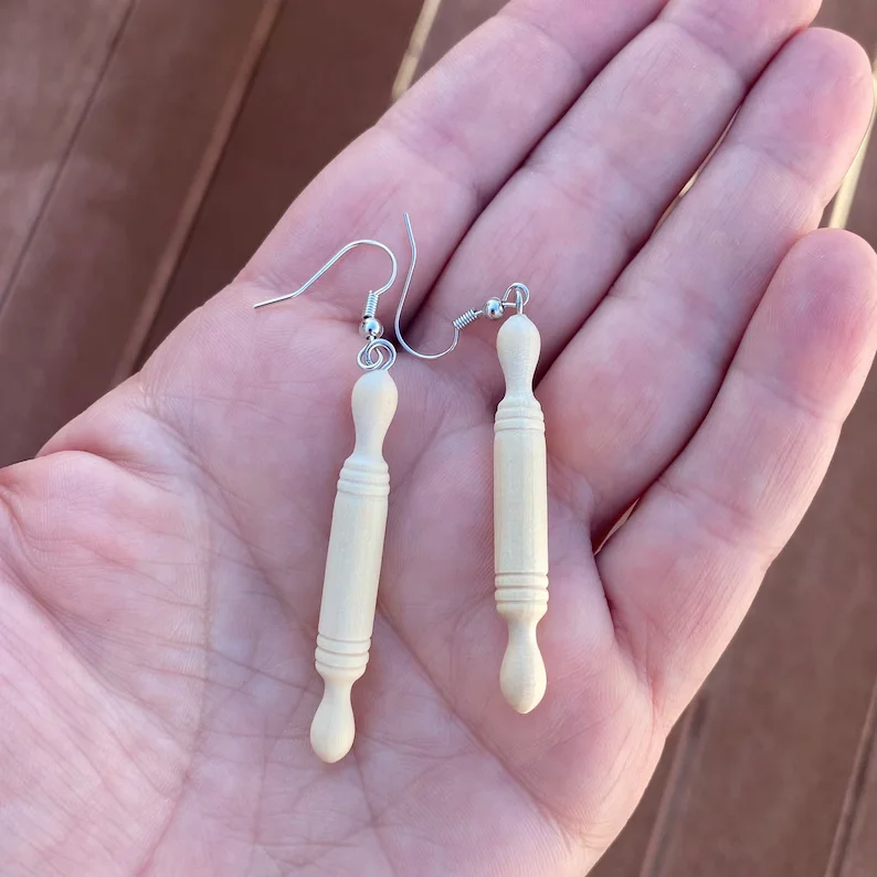 1 Pair Wood Rolling Pin Chef Baker Unique Novelty Dangle Earrings