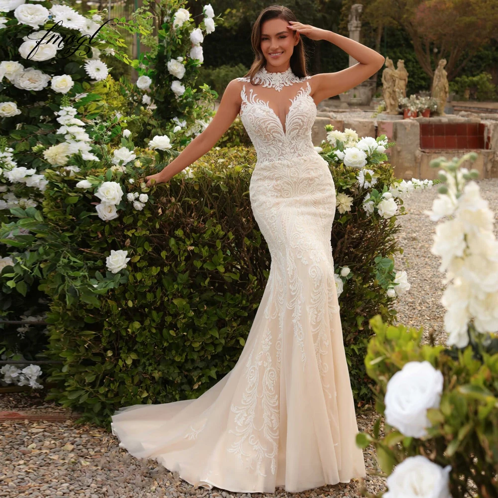 

Fmogl Mermaid Vintage Sexy Wedding Dresses High Neck Sleeveless Vestido De Novia Lace Appliques Trumpet Elegant Robe De Mariee