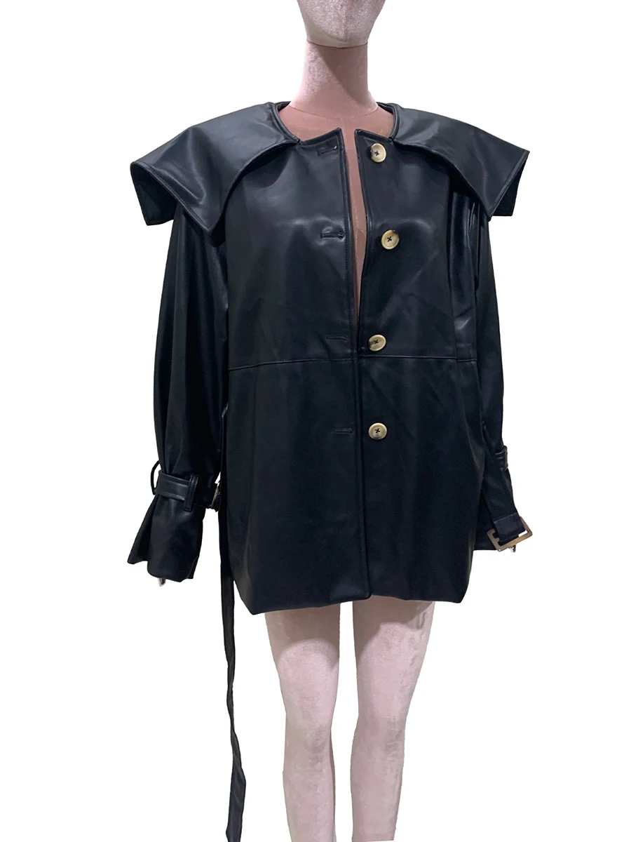 Primavera otoño abrigo de cuero Pu negro mujer cuello Peter Pan cinturón de manga larga un solo pecho elegante ropa de diseñador de lujo 2025