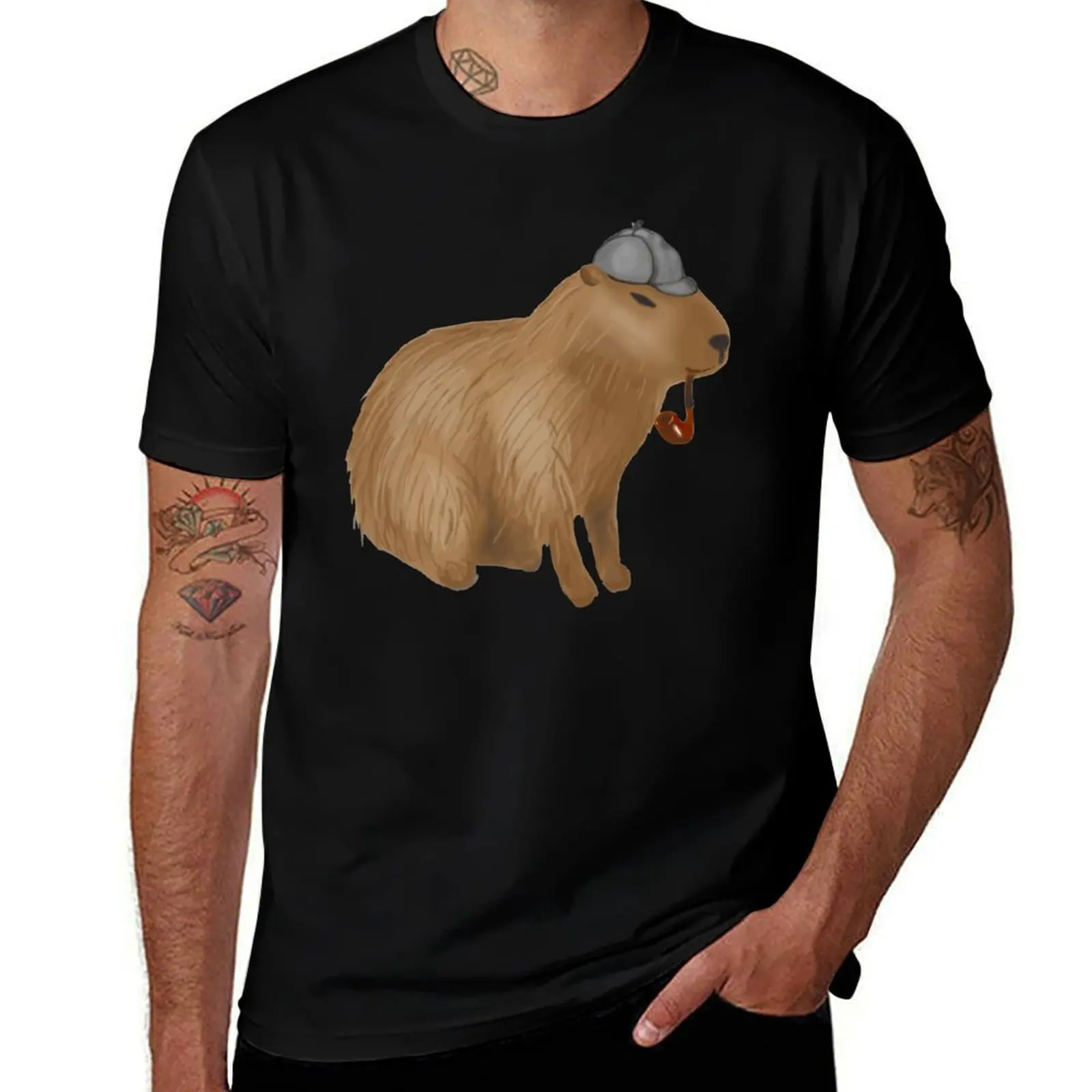 Sherlock capybara T-Shirt Basic Crew Neck Short Sleeve Top T-Shirt