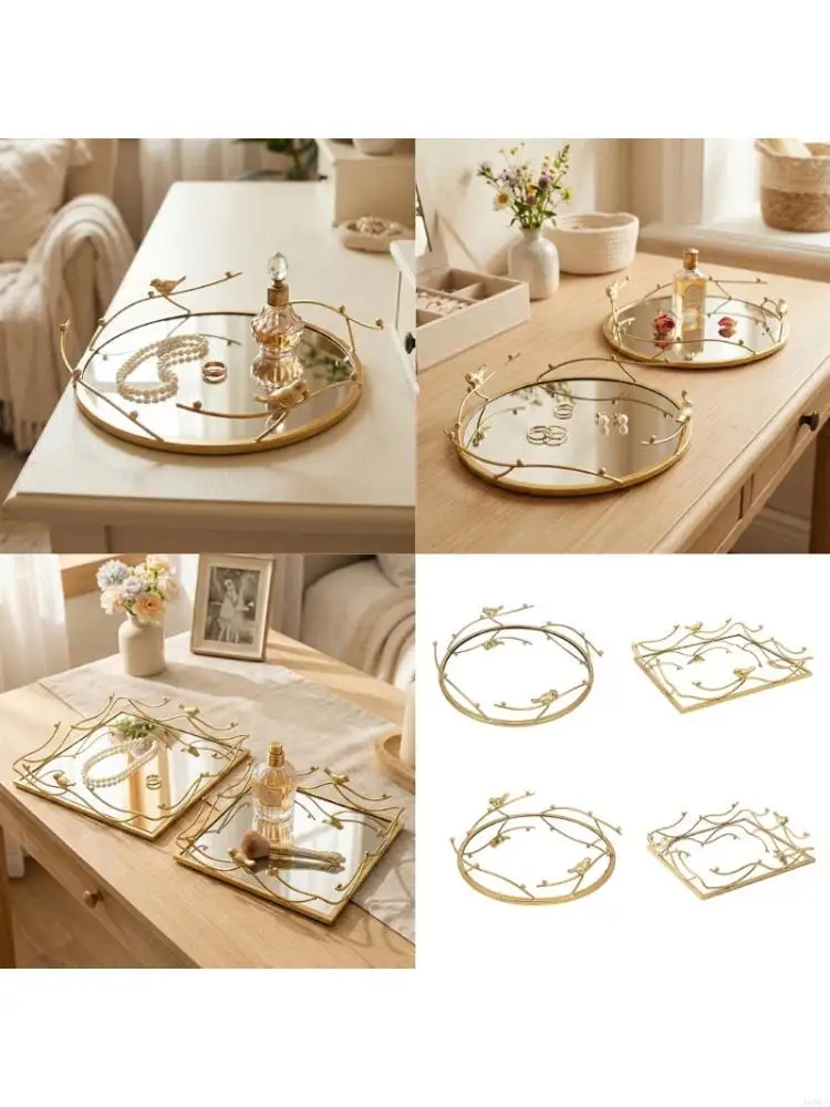 Bird Decorative Mirror Jewelry Tray Organizers Makeup Cosmetic Bathroom Vanity Tray For Counter Dresser Decors
