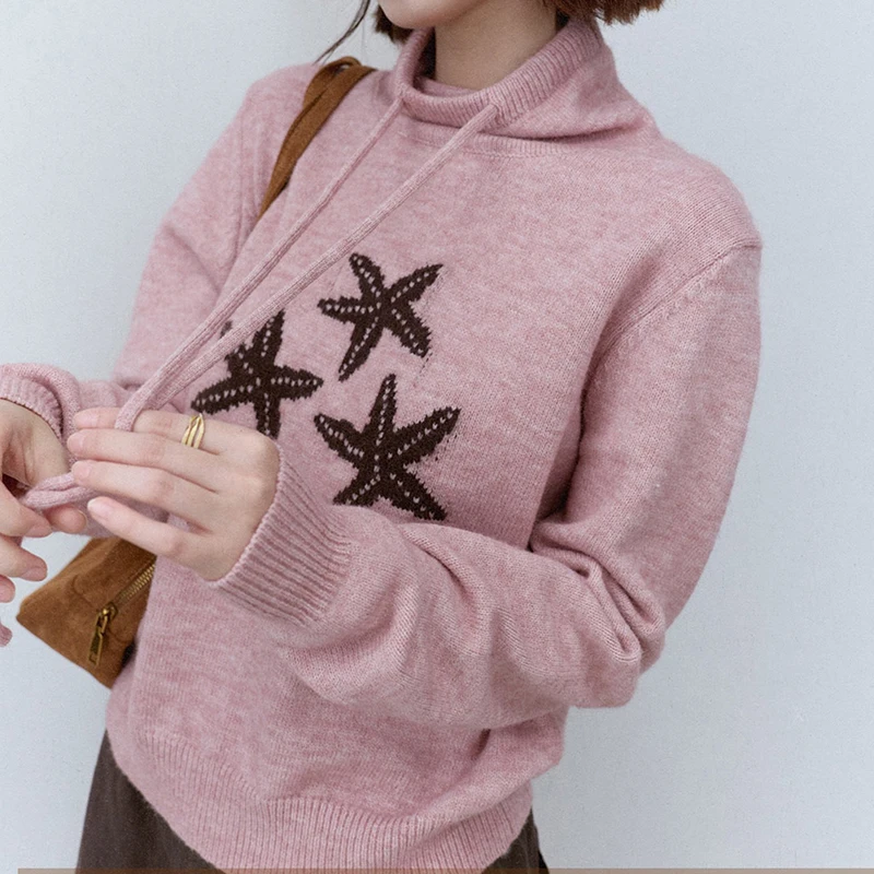 Vintage Neck Knitted Sweater Women Autumn Starfish Jacquard Casual Pullover Retro Lazy Wind Drawstring Loose Jumper Tops