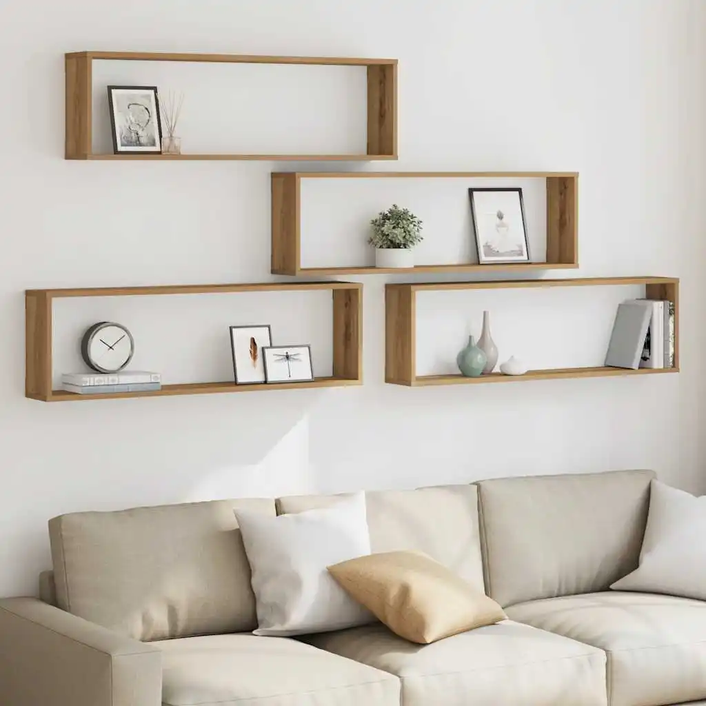 Wandregale im Würfelformat, 4 Stück, handgefertigter Eichenholz, 100x15x30 cm, Konstruktion aus Holzwerkstoff, robustes, langlebiges schwebendes Präsentations- und Aufbewahrungsregal für Zuhause