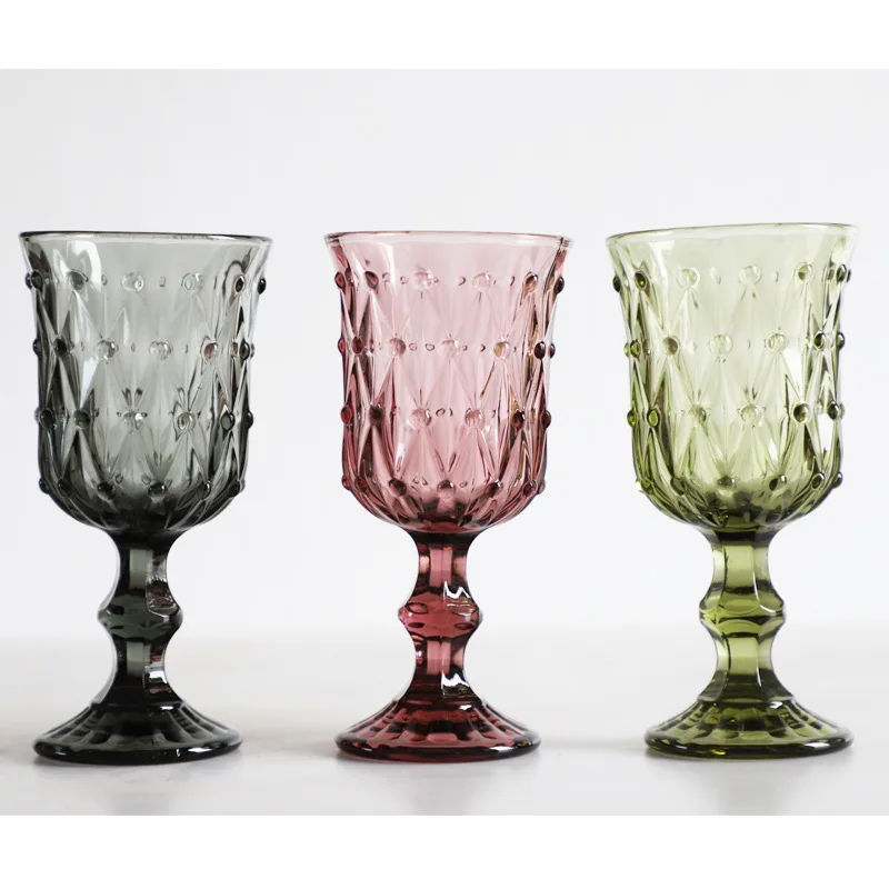 1 Piece 210ml 70z Vintage Beaded Embossed Colored Goblet Green Pink Grey White Wine Glasses Goblets Stemware Glass Cup