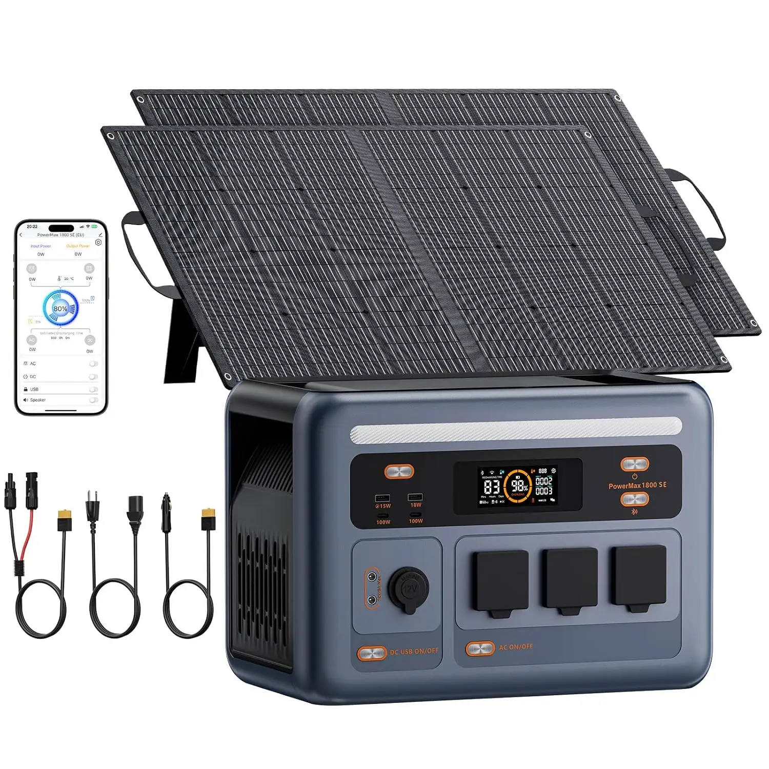 1800W Solar Generator with 2x100W Solar Panels PowerMax 1800SE, 1024Wh LiFePO4 Battery Generator with 3 AC Outlets, Customized