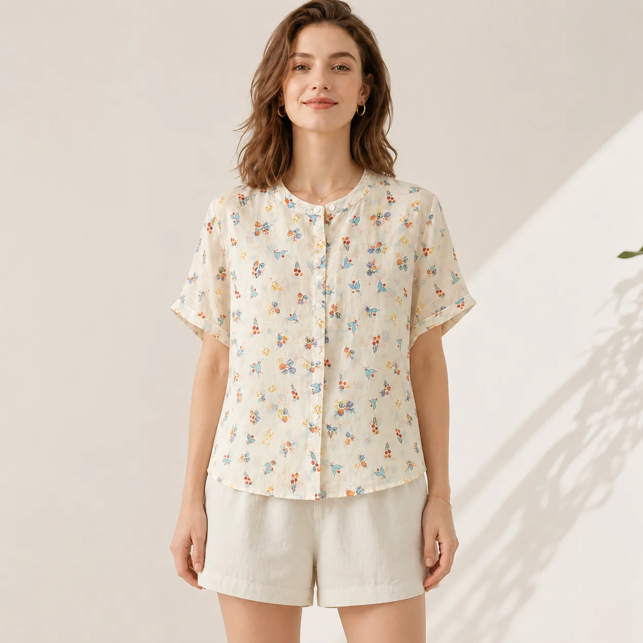 EOENKKY Women Floral Print Cotton Linen Blouse Short Sleeve Button Front Shirt Loose Fit Round Neck Summer Casual Vintage Tops 2