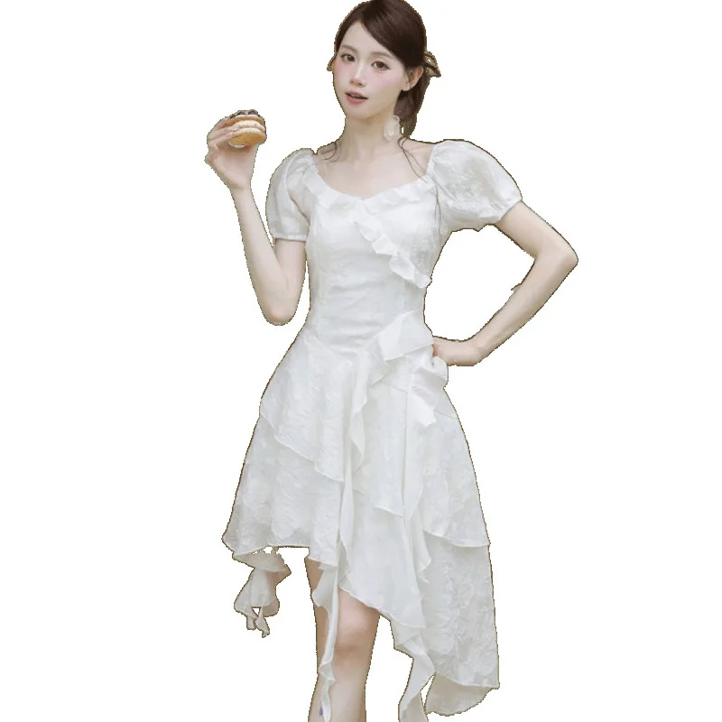 

Summer beautiful small skirt French ruffle edge irregular thin dress women's summer, first love small white dress
