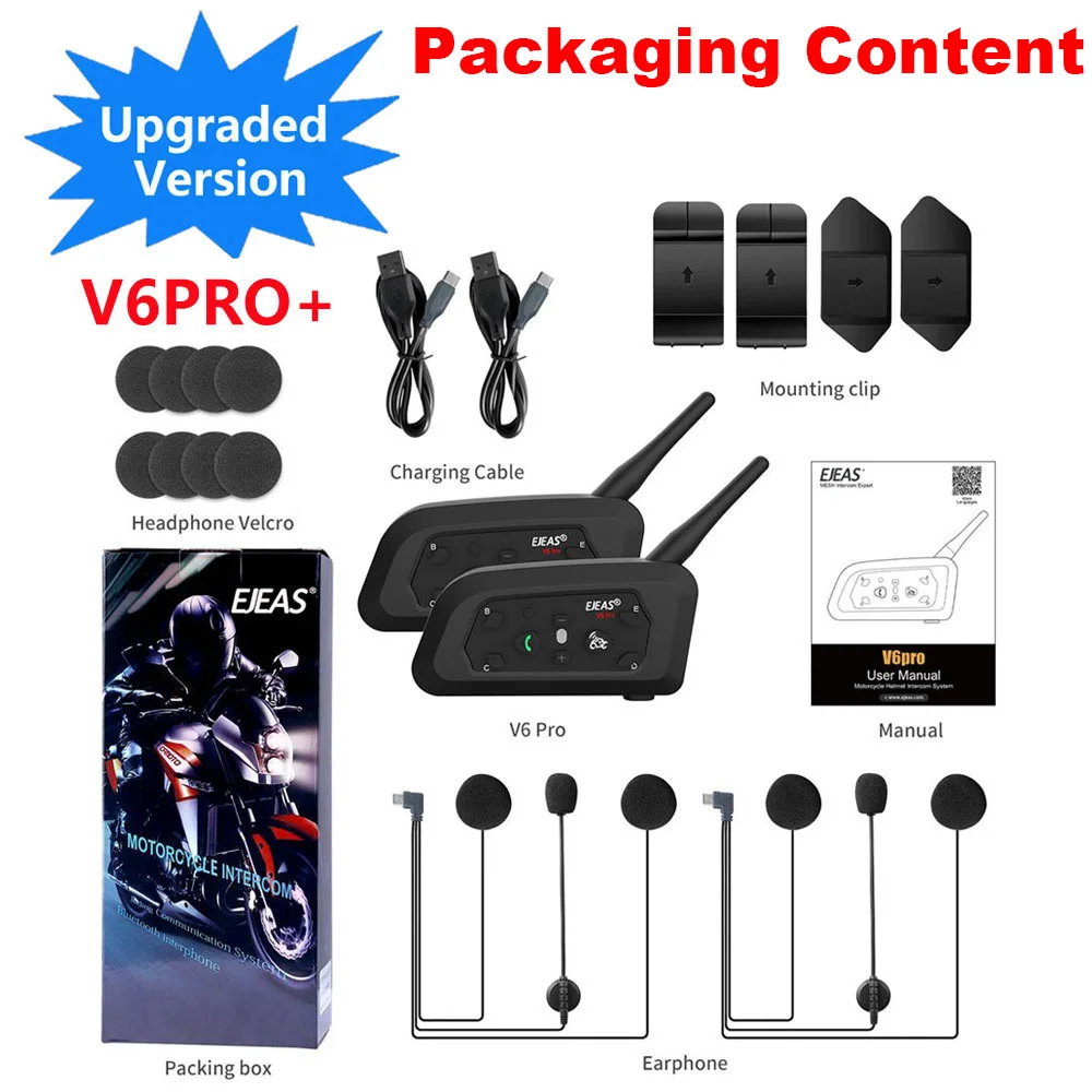 Ejeas V6 Pro + Motorhelm Intercom Bluetooth Headset Met 800M Bt Interphone Communicator 6 Rijders Waterdichte Muziekspeler